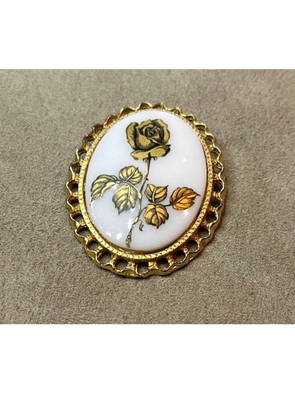 Vintage 60s Milk Glass Brooch Cameo Oval Openwork Filigree Pin